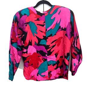 Flora Kung VTG Blouse Womens 6 100% Silk Abstract Art to wear Long Sleeve Top